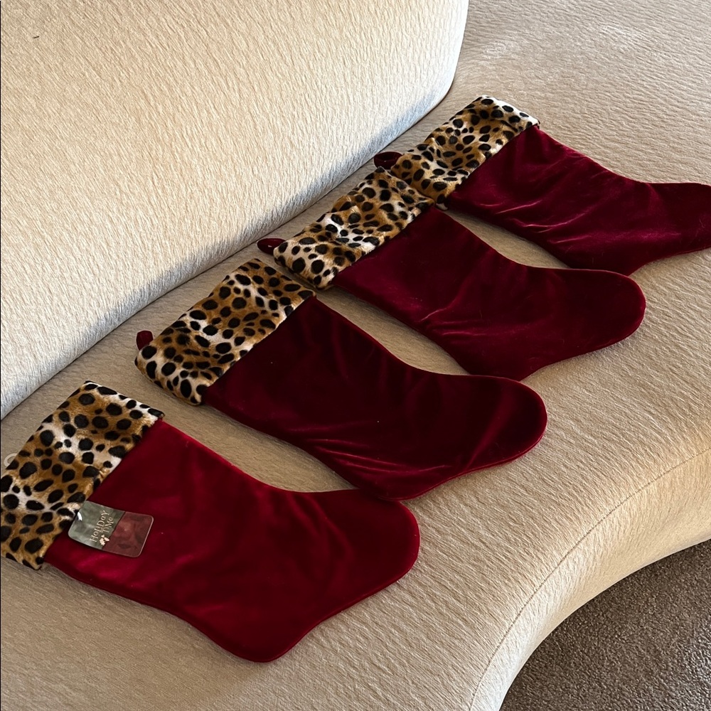 Set of 4 Leopard Trim Burgundy Velvet Christmas Stocking